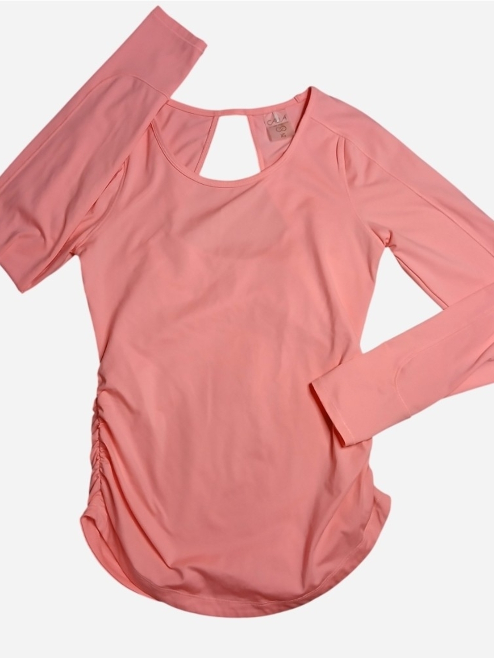 CALIA Coral Splash Vibrant Ruched Jersey Moisture Wick Open Back Yoga Tee XS